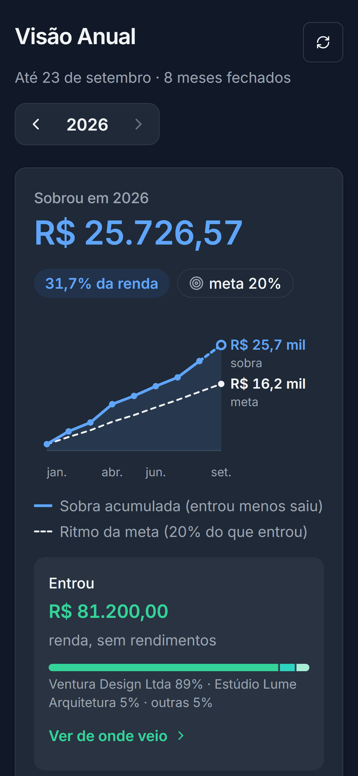 Tela Visão Anual: quanto sobrou no ano, a parte da renda que isso representa e a curva comparada com a meta